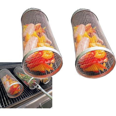Panier à griller roulant, panier à griller en acier inoxydable avec cylindre en treillis métallique, support de barbecue portable pour le camping en extérieur (11,8 pouces - (1/5)