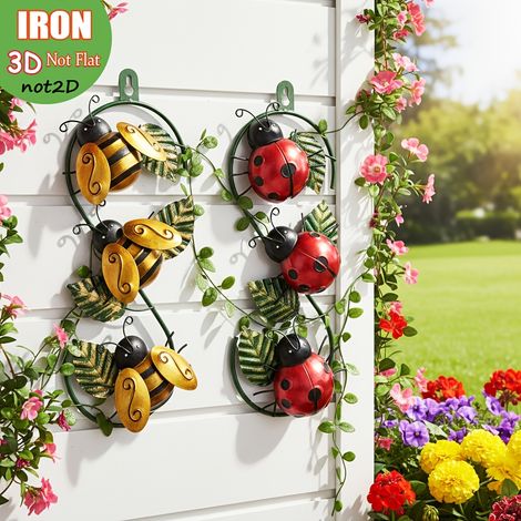 Lot de 2 décorations murales en métal : Coccinelle et Abeille – Sculptures 3D pour la maison et le jardin (1/5)