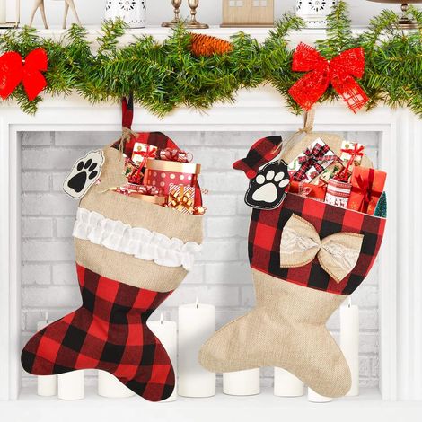 Chaussettes de Noël pour chiens, en matériau fiable et robuste pour les grandes pattes, décoration mignonne en toile de jute à suspendre (2 pièces) (1/5)
