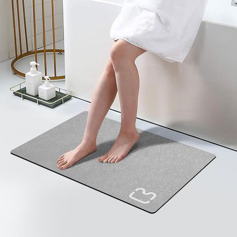 Tapis de salle de bain en terre de diatomées 59,9 x 40,9 cm, dessous antidérapant en caoutchouc, fin, convient aux tapis sous les portes, devant les baignoires, douches et lavabos, gris (1/5)