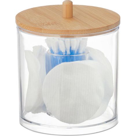 Organiseur pour cotons-tiges et disques démaquillants Relaxdays – plastique transparent avec couvercle en bambou naturel