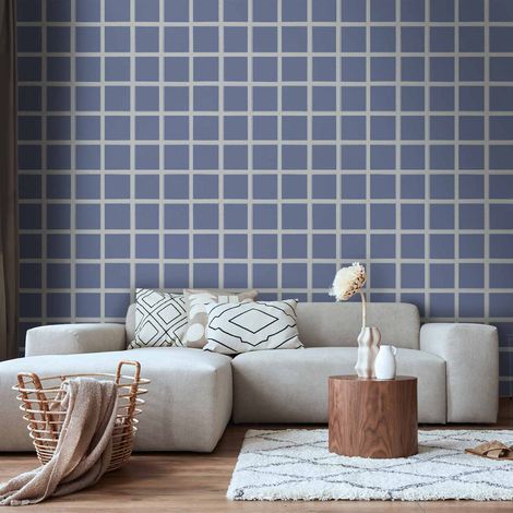 Papel pintado - Líneas y simetría - expresivo estampado a cuadros blancos sobre fondo azul / Líneas blancas - estampado a cuadros con una malla grande sobre fondo azul (1/4)