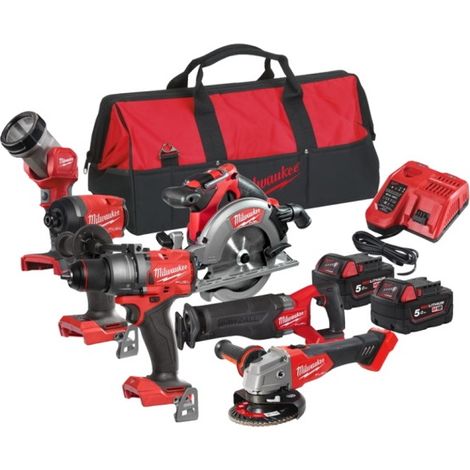 Pack Milwaukee 6 outils 18V : M18 FPD3-0 + M18 FID3-0 + M18 FSAG125X-0 + M18 FSZ-0 + M18 CCS55-0 + M18 TLED-0 + 2 batt 5Ah + sac (1/5)