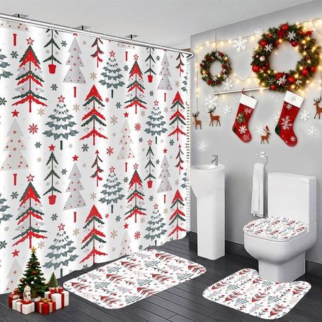 Set di 4 pezzi per tenda da doccia natalizia – Decorazione per il bagno a tema albero di Natale – Tenda da doccia impermeabile + tappetini da bagno + articoli da toeletta + ganci – Decorazione festiva (1/5)