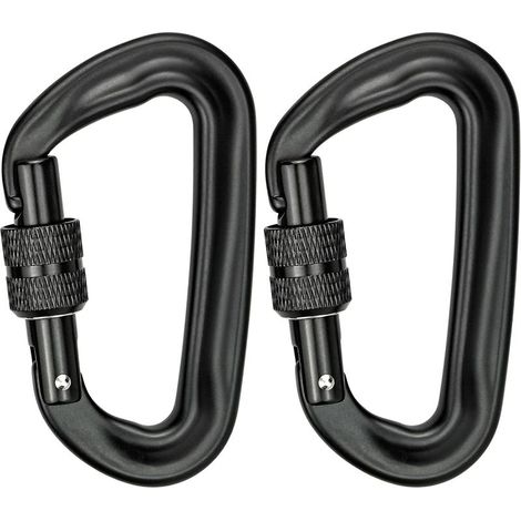 2 mousquetons d'escalade 12KN (1200 kg) mousquetons en aluminium robustes mousquetons de verrouillage en forme de D pour hamac Yoga balançoire camping porte-clés serrure (noir) (1/5)