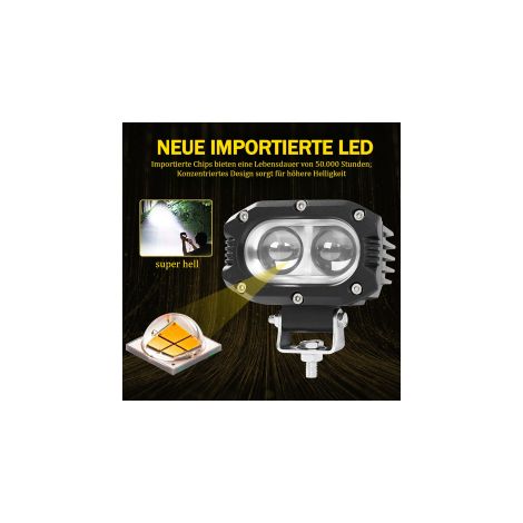 Ortviai – 2er-Set LED-Arbeitsscheinwerfer 20 W – Fernscheinwerfer mit 4 LED-Chips, 9 bis 36 V, IP67, 1000 Lumen – kompatibel mit Motorrad, Lkw und Traktor (1/5)