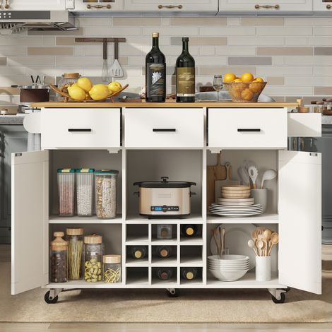 Chariot à manger blanc amovible avec, en bois, pour cuisine et salle à manger, séparateurs réglables et plateau bois pour cuisine