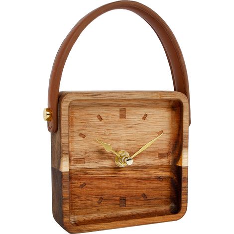 Holz Standuhr mit Griff in Leder Optik - 11 cm - Retro Tischuhr analog - Tisch Deko Uhr eckig zum Hinstellen Batterie betrieben für Küche Büro Wohnzimmer