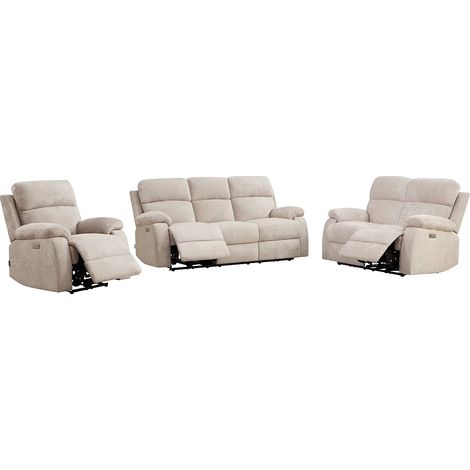 Canapé 3 places 2 places et un fauteuil relax électrique massant en tissu chenille beige KOCENI (1/5)