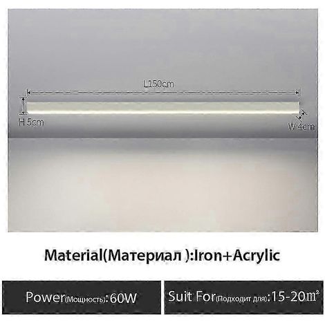 Lampe linéaire minimaliste à LED, longue bande, pour balcon, couloir, vestiaire, salon, salle à manger, plafonnier, noir (L150cm, blanc, dimmable avec télécommande) (1/5)