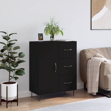 Buffet noir 3 tiroirs avec porte, bois d’ingénierie et pieds en métal, 69,5 x 34 x 90 cm - PANGIVO (1/5)