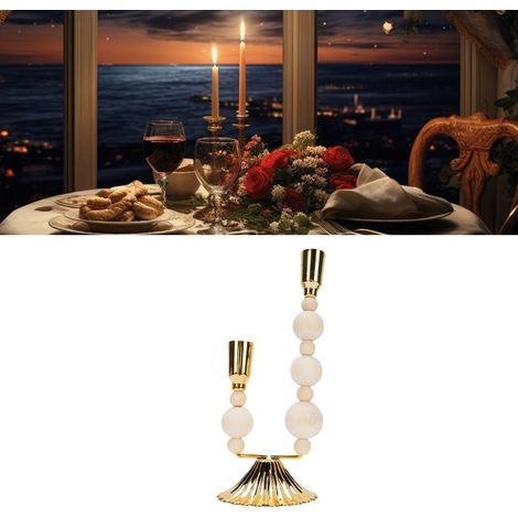 Bougeoir Double Candelabre Style Rustique Français avec Perles Bois Élargi [Candle Holder] [Model:Candlestick Holder] [Descriptive Keywords: Rustic Farmhouse Double Head] [Material: Iron Beech Wood] [ (1/5)
