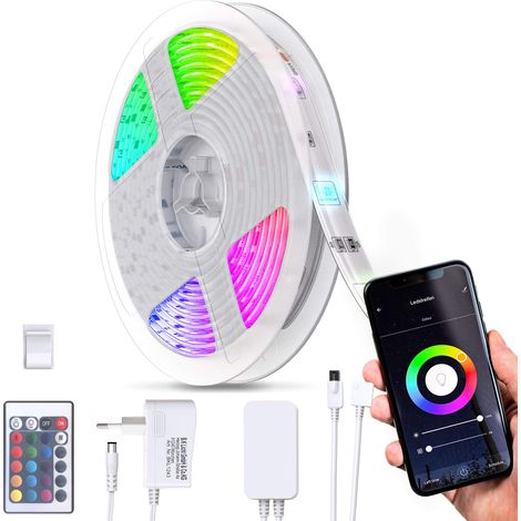 ruban LED connecté, 5m, Smart LED Stripe, réglable via App, Smartphone contrôle, contrôle vocal, câble USB, auto-adhésif, blanc, livré avec télécommande (1/5)