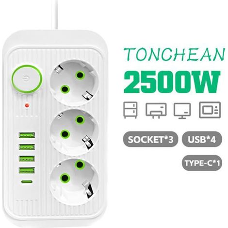 Regleta de pared de 3 puertos, 4 interfaces USB y 1 puerto USB-C, regleta multifuncional 8 en 1, adecuada para uso doméstico y de oficina, color blanco. (1/5)