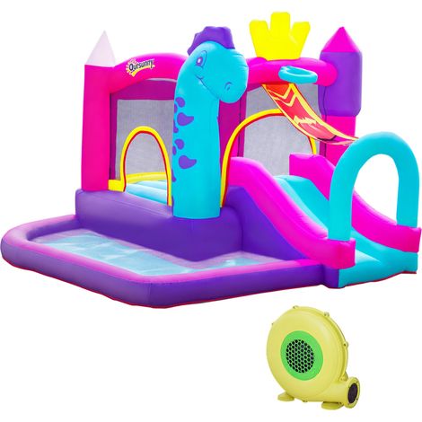 Aufblasbare Hüpfburg mit Rutsche, Trampolin, Spielbereich, Pool und Korb. Für bis zu 3 Kinder ab 3 Jahren. Inklusive Pumpe und Tragetasche. 350-W-Gebläse inklusive. Maße: 300 x 270 x 200 cm (L x B x H