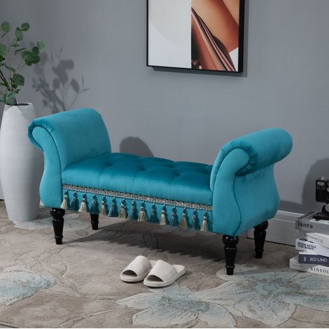 Banco tapizado (117x40x58 cm), estilo vintage, asiento acolchado, madera, azul (1/5)