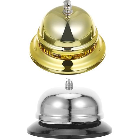 Juego de 4 campanillas de mesa de metal dorado/plateado, 8,5 cm, base antideslizante, sonido nítido, para oficina/restaurante.