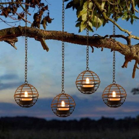 4 faroles solares colgantes impermeables,Diseño de bola de hierro oxidado con velas parpadeantes,Ideales para la decoración de jardines (1/5)