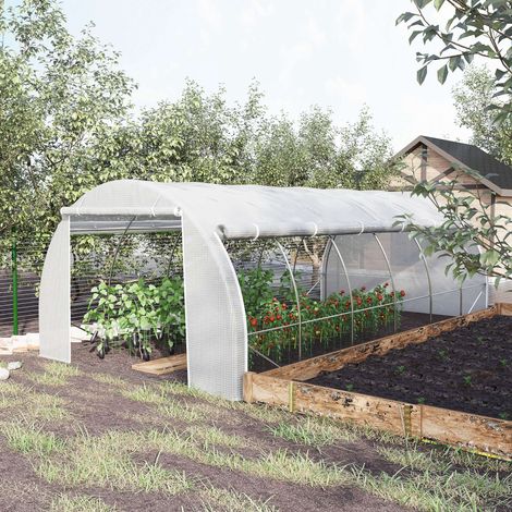 Serra da esterno Outsunny 6x3x2 m, serra a tunnel con porta e 12 finestre a rete avvolgibili, serra per orto, patio e giardino, bianca