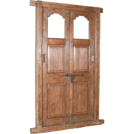 Porte d'entrée en bois massif et fer forgé pour intérieur ou extérieur, ancienne et médiévale, avec cadre et vitrage. (1/5)