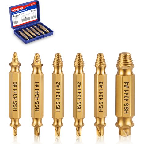 WORKPRO Lot de 6 Extracteurs de Vis Cassées Revêtus de Titane, Fabriqués en Acier pour Vis de 2 à 13 mm, Etui Portable, Idéal pour Percer et Retirer des Vis Endommagées