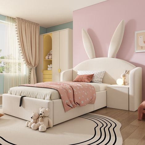Lit enfant coffre 90 x 190 cm beige en velours tête de lit oreilles de lapin rangement hydraulique chevet réversible (1/5)