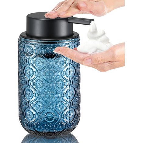 Distributeur de savon moussant en verre gaufré style vintage (bleu, 400 ml) — Pompe noire mate — Convient pour la salle de bain et la cuisine (1/5)