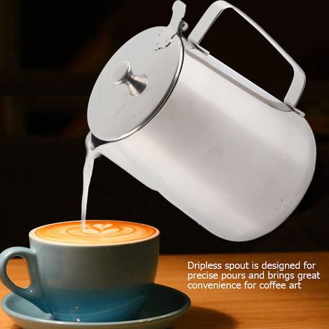 Pitcher à lait en acier inoxydable avec couvercle pour mousse à café et latte art (2000 ml) (1/5)