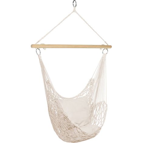 Hängesessel mit zwei cremefarbenen Kissen – handgewebtes Design – Sitzfläche aus Polyester – 55 cm breit – maximale Belastbarkeit 150 kg