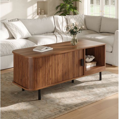 Mesa de centro rectangular con puerta corredera y nicho abierto, acabado nogal, 110 cm (1/5)