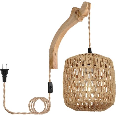 Applique murale LED rotin tressé sans ampoule – lampe de chevet corde de chanvre E27 rétro pour chambre et salon