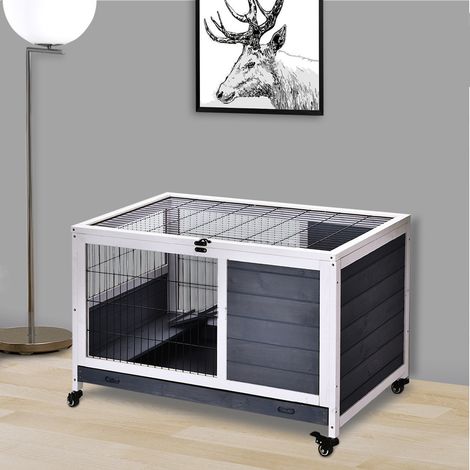 PawHut Kaninchenstall für drinnen, Kaninchenkäfig mit aufklappbarem Dach, Rollen, herausnehmbarer Schale und Rampe, Holzkäfig, 90 x 53 x 59 cm, Dunkelgrau und Weiß