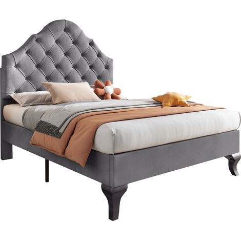 Lit capitonné 90x200 cm avec sommier et tête de lit réglable, pour adulte et ado, support lattes bois, montage facile, velours, gris, matelas non inclus (1/5)
