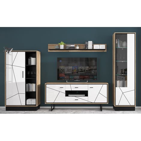 Wohnzimmer TV Wohnwand BRISTOL-129 in Catania Eiche Nb. mit schwarz und weiß Hochglanz, B/H/T: ca. 339,5/208,5/40 cm (1/5)