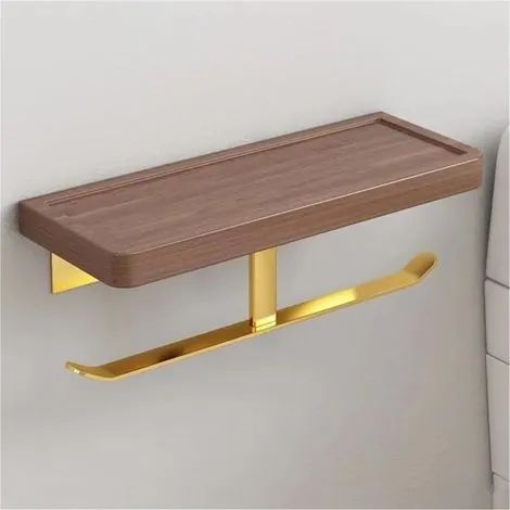 Porte-papier toilette double avec étagère, en bois doré, mural, pour salle de bain et cuisine, couleur noyer, support pour rouleau de papier toilette et essuie-tout (concave 30 cm). (1/3)