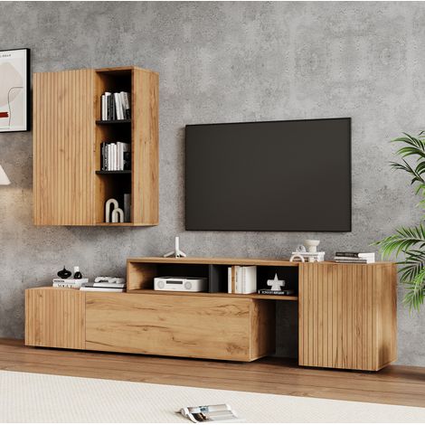 Ensemble meuble TV 2 pièces avec vitrine, bois et noir, longueur réglable 174 à 265 cm, REDOM (1/5)
