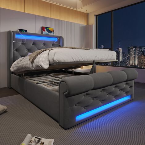 Lit coffre 90x200 cm avec LED et ports USB Type-C, tête de lit rangement, élégant, velours gris(Sans matelas) (1/5)