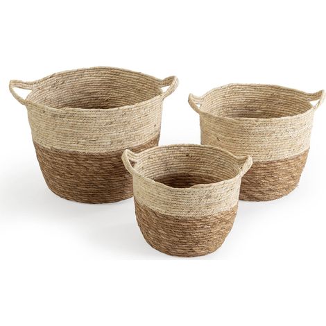 Set de 3 cestas Brais de fibra natural con asas, blanco/natural