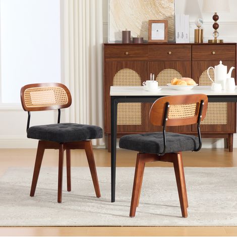 Set mit 2 drehbaren Esszimmerstühlen aus schwarzem Chenille mit Rattan-Rückenlehne OKWISH (1/5)