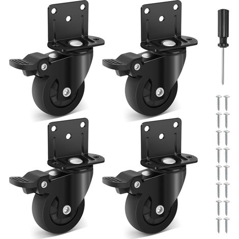 Roulettes pour meubles 50 mm, pivotantes en caoutchouc, avec plaque de montage en L et frein, silencieuses, charge max. 270 kg, pour table, armoire et lit bébé, lot de 4 (1/5)