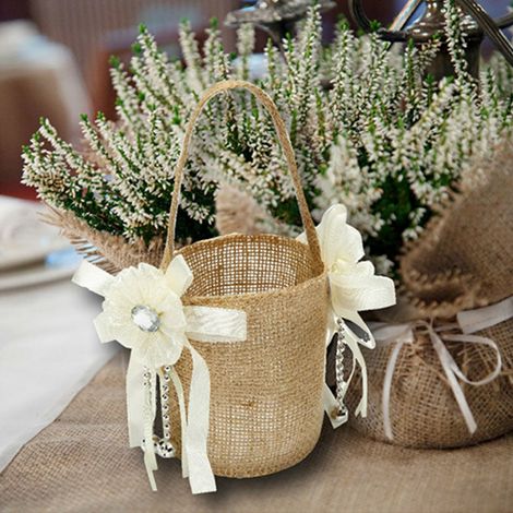 Panier à fleurs en toile de jute, panier de demoiselle d'honneur rétro européen fait main, panier à bonbons de mariage (1/5)