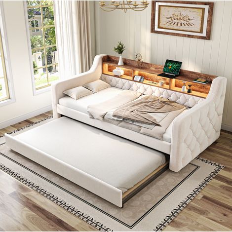 Cama sofá extraíble, 201x107 a 197x75 cm, con almacenaje, luz LED, USB Type C, terciopelo beige (1/5)