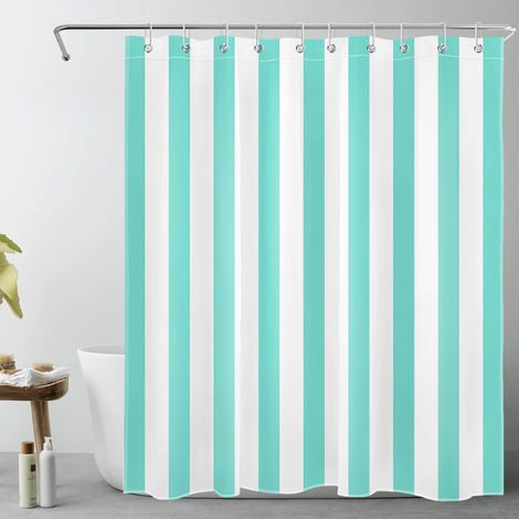 Sarcelle et Rayures Blanches Rideaux de Douche 150x180cm Art géométrique Simple Rideaux de Bain avec Crochets, Minimaliste Court Imperméable Polyester Anti Moule Salle de Bain Décor (1/5)