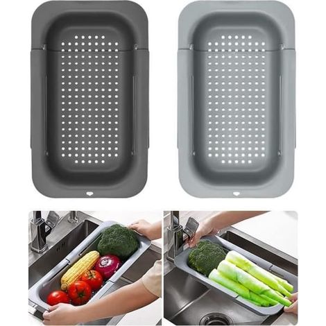 Lot de 2 paniers d'évier extensibles, organisateurs de cuisine, paniers pour fruits et légumes, égouttoir à pâtes, indispensables en cuisine (1/4)