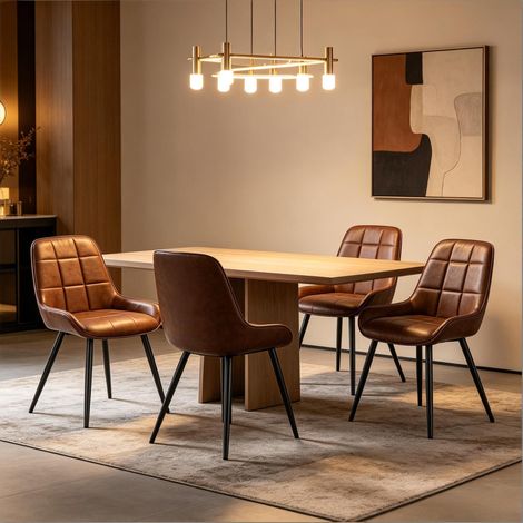 Set di 4 sedie da pranzo, seduta imbottita, ecopelle marrone, struttura in metallo DESVIAE (1/5)