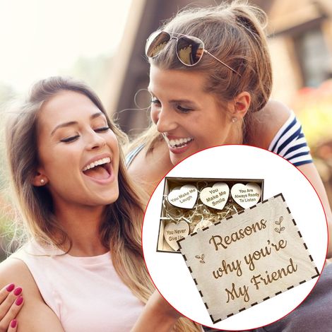 Set bestehend aus 1 Holzbox „Warum du mein Freund bist“ mit 10 Geschenkherzen (Modell 4) + Herzbox. (1/5)