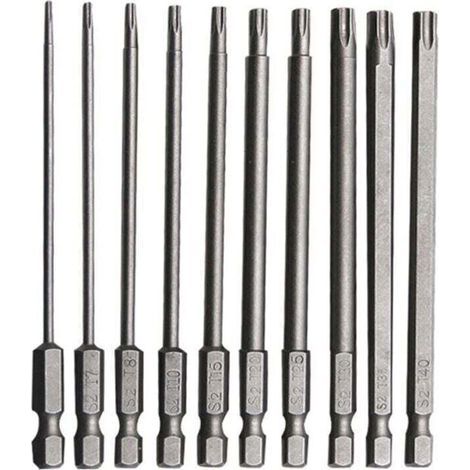 10 PCS Embout Torx Long en Acier Allié au Chrome Vanadium 75mm Embout Visseuse Long Antirouille Jeu pour Tournevis Perceuse Electrique Machines Entretien (1/4)