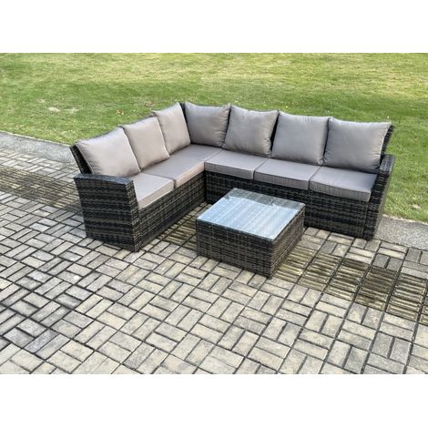 Fimous 6 Seater Outdoor Furniture Garden Dining Set Rattan Corner Sofa Set with Square Coffee Table Dark Grey Mixed (1/5)