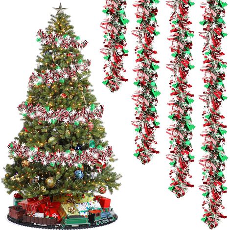 Guirlande Noel 5pcs x 2m Guirlande Sapin de Noel Brillante Noel Decoration Intérieure et Extérieure pour Porte, Escalier, Jardin et Cheminée (Rouge Vert Blanc) (1/5)