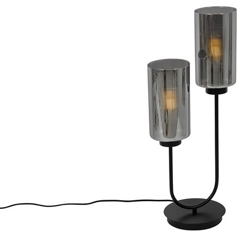 Art-Deco-Tischlampe schwarz mit Rauchglas 2-flammig – Laura